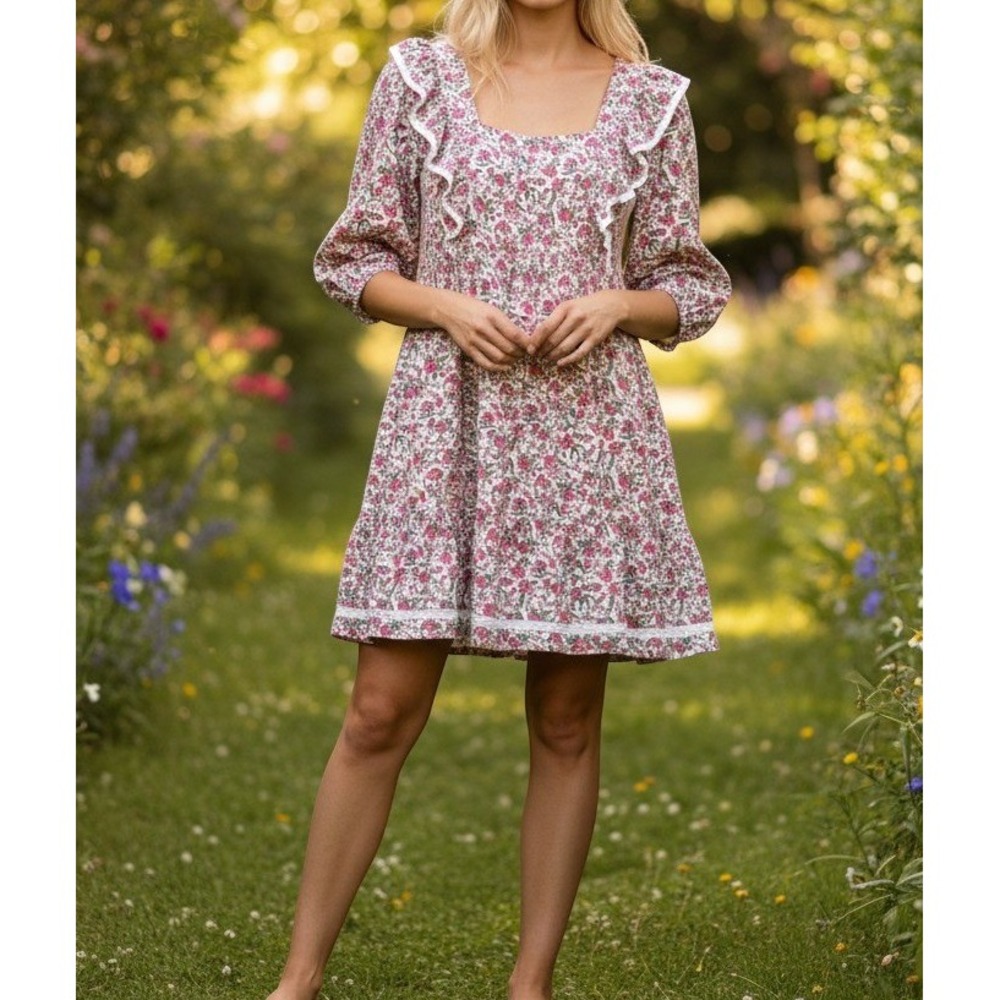 Smith & Quinn Floral Ruffle Mini Dress Pink Green Lace Trim Tie Back Small